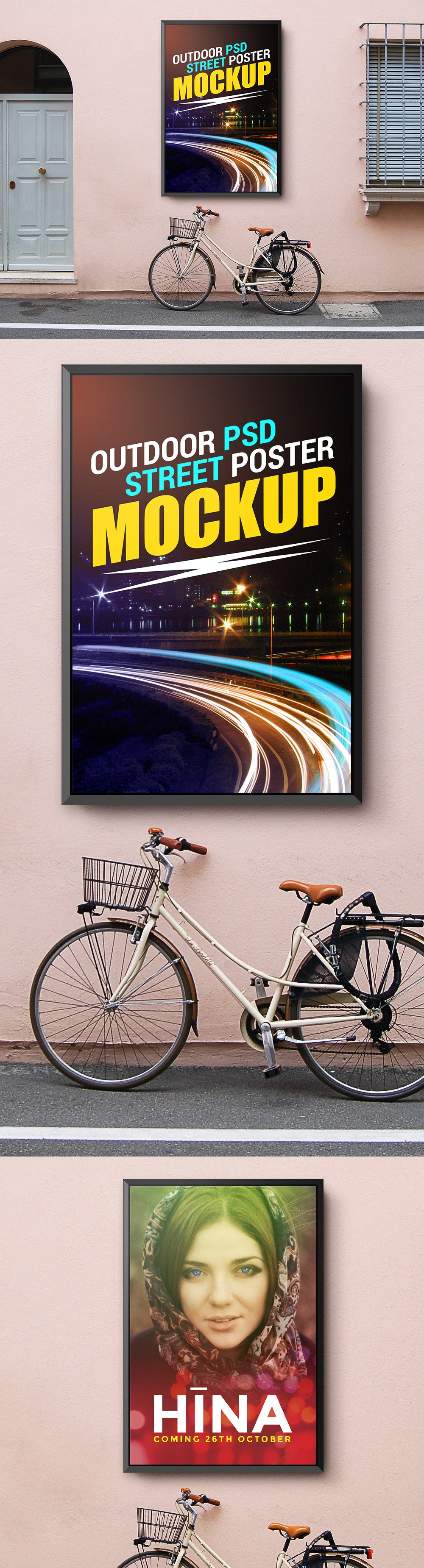 Download Free Outdoor Street Poster Frame Mockup With Bicycle Door And Window Creativebooster
