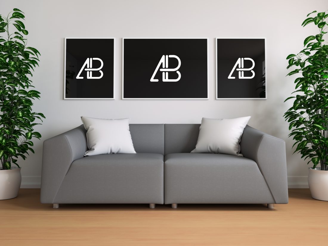 Download Free Triple Poster And Frame In Living Room Mockup Creativebooster