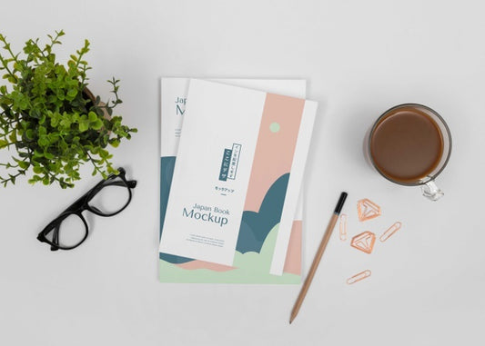 Free Flat Lay Desk Arrangement With Books And Coffee Psd