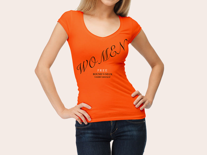 Download Free Orange Woman T-Shirt Mockup - CreativeBooster