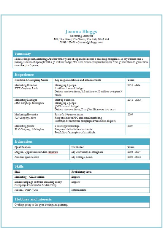 tabular form cv germany template