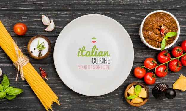 Free Top View Italian Food On Wooden Background Psd – CreativeBooster