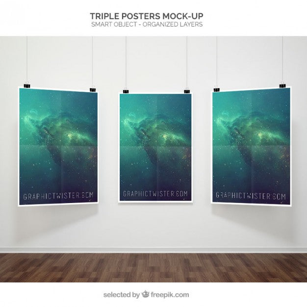 Download Free Triple Poster Mockup Hanging On Showroom Creativebooster