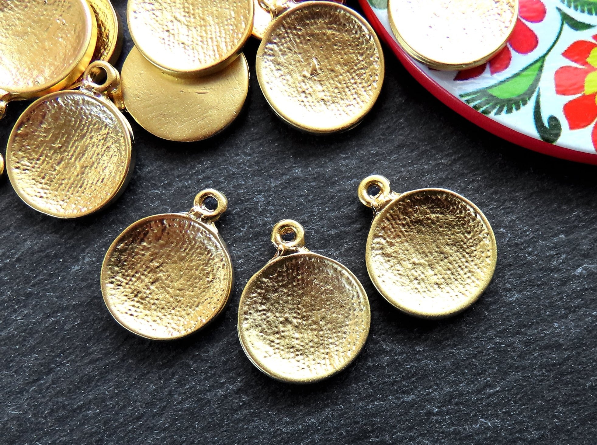 Gold Plated Crinkle Circle Charms 12 Pcs