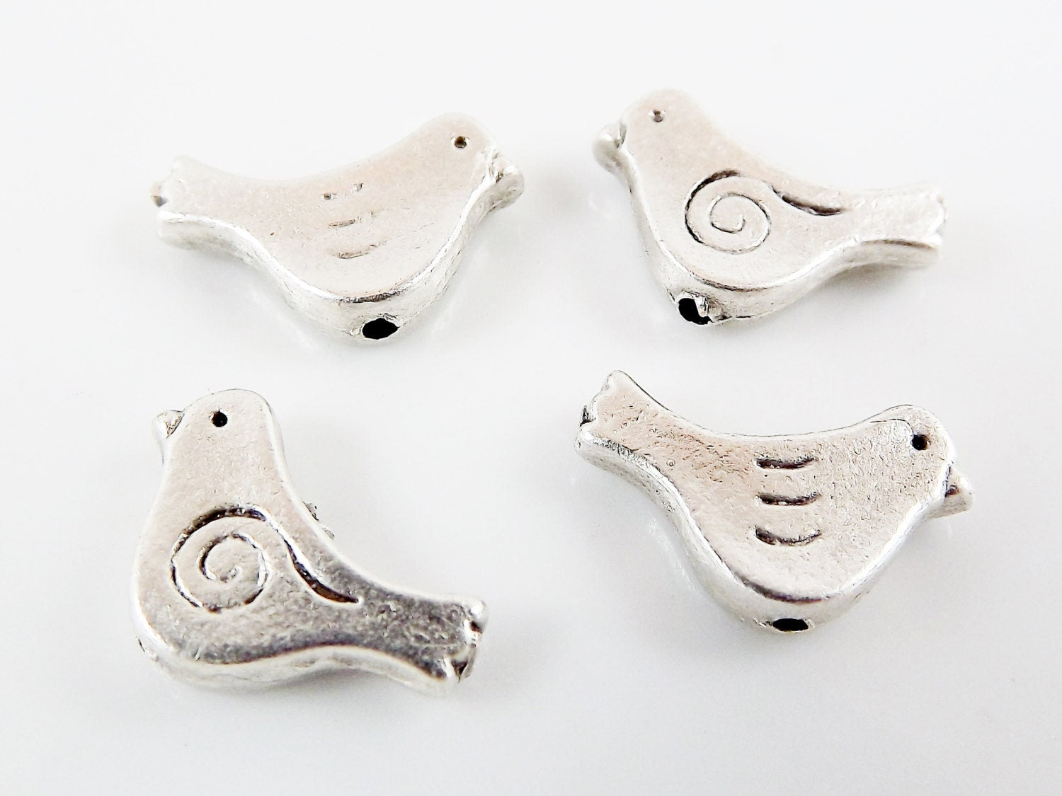 4 Rustic Bird Swirl Bead Spacers - Matte Silver Plated
