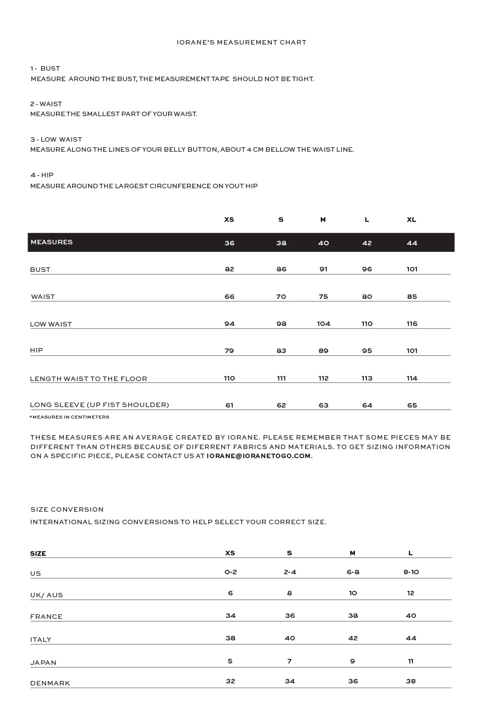 Iman Size Chart