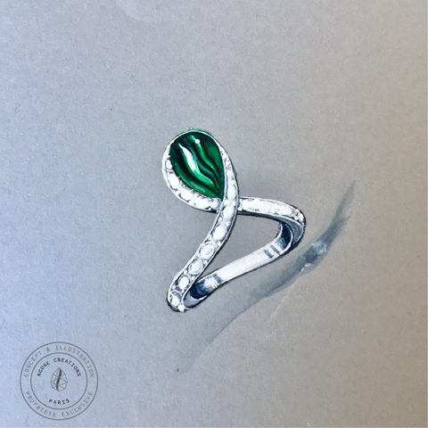 
            
              Dessin de bijou - Gouaché joaillerie - Poire Malachite, or blanc et diamants 
              