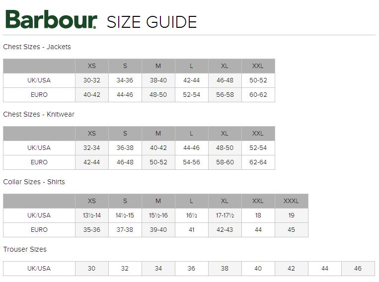 barbour size guide