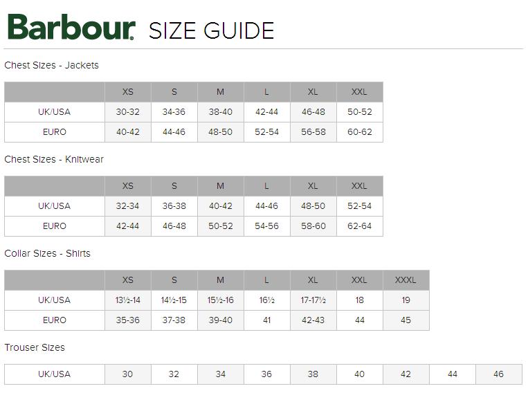 Barbour Size Chart