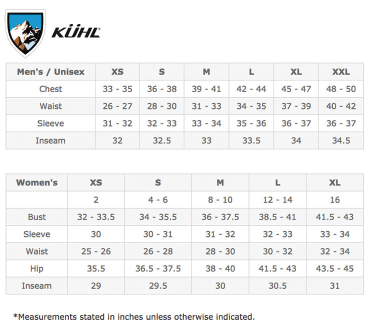 Kuhl Women S Size Chart