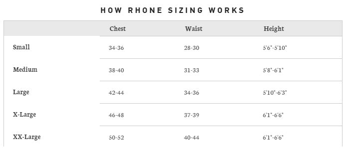 Rhone Shorts Size Chart