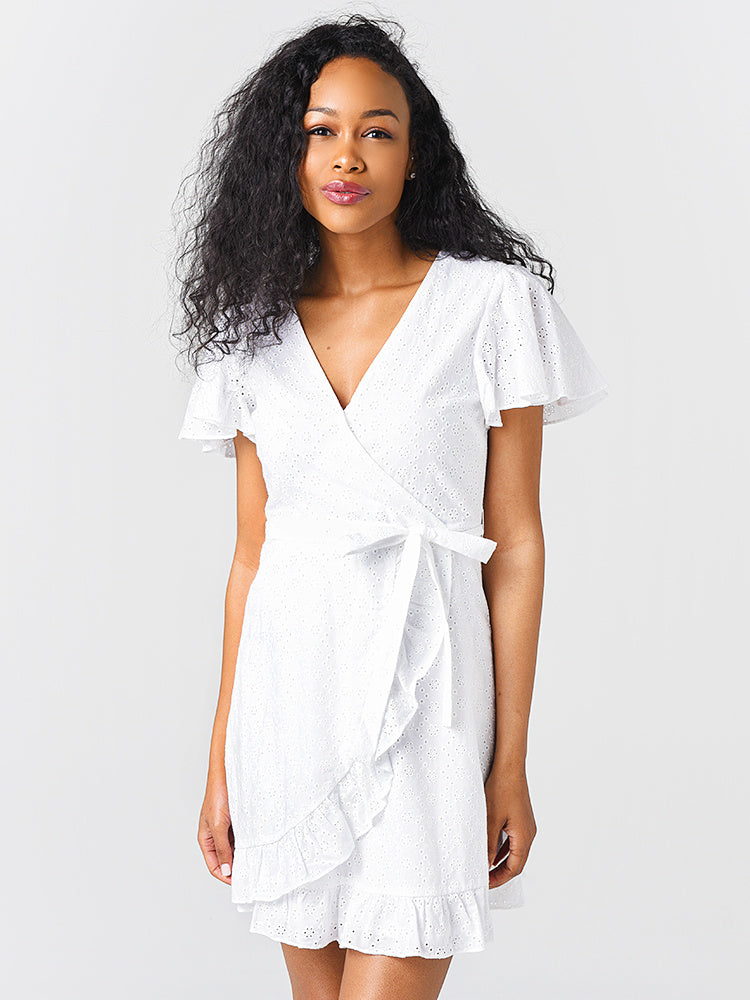 white eyelet wrap dress