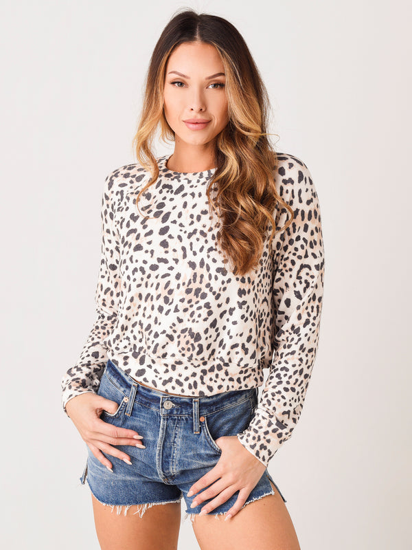 Sundry Women's Leopard Crop Raglan Sweatshirt - Saint Bernard