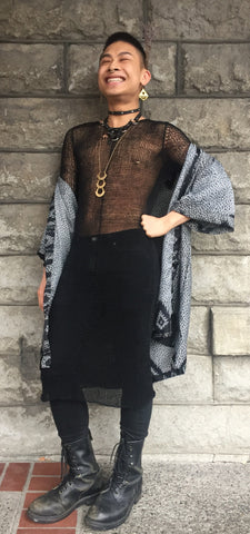 Fine China Wearing Local Portland Fashion: Indie Ella Kimono, Morph Knitwear Linen Tunic Dress, MKO Collar, Blackhorne Sacred Collar, Noniko Earrings, and PRIMITIVE 3 Tier Stamped Brass Necklace