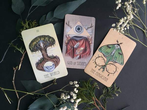 Portland Local Altar PDX The Wooden Tarot Deck: The World, The Magician, and God of Stones