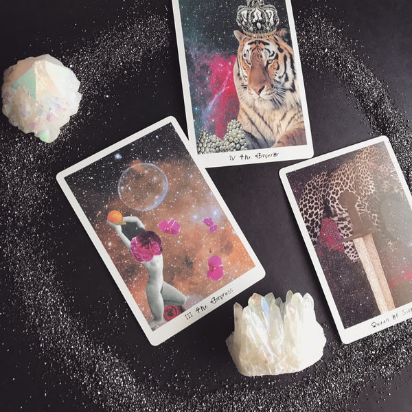 Magic Circle Dust Quartz Crystals Lioness Tarot Card Oracle Altar PDX The Empress The Emperor Queen of Swords Cards