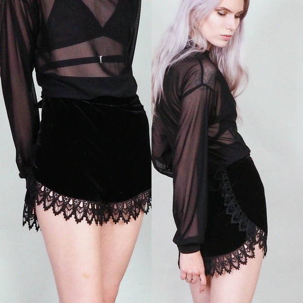 shop portland local altar pdx rogue minx velvet lace shorts black handmade indie alternative clothing lingerie 