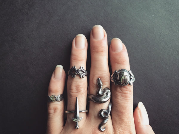 Portland Local Shopping Handmade Independent Artist Jewelry Sterling Silver Rings Arcana Obscura Sword Snakes Beetle Egyptian Gothic Occult Jewelry Fine Handmade 