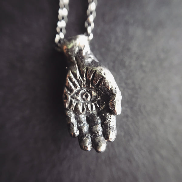 Portland Local Shopping Boho Shopping Arcana Obscura Gothic Occult Hamsa All Seeing Eye Sterling Silver Amulet Necklace Protection Alternative Jewelry