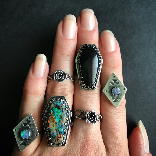 Shop Portland Local Altar PDX Alternative Fashion Boutique Star Strung Jewelry Independent Pacific Northwest Rings Sterling Silver Onyx Opal Ruby Star 