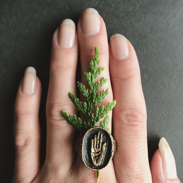 Portland Local Shopping Altar PDX Jamie Spinello Hamsa Signet Ring Brass Handmade Alternative Goods Accessories Jewelry Gothic Boho Chic Festival Nature Leaf Independent