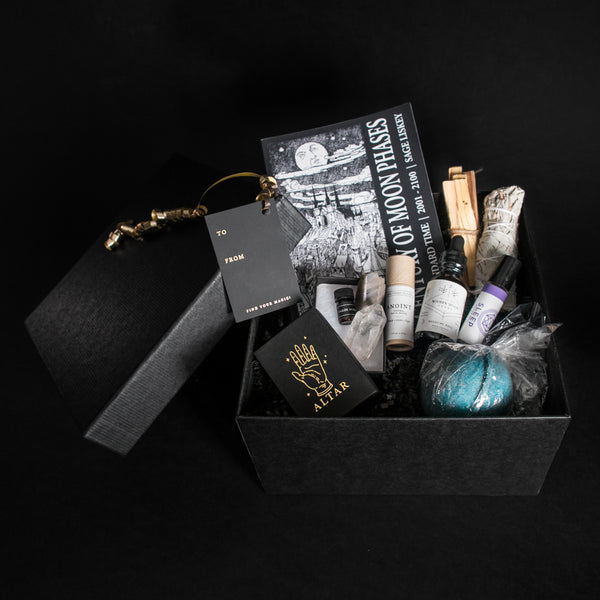 Altar PDX Altar Gift Boxes Thanksgiving Christmas Presents Magic in a Box Crystals Healing Oils Moon Charts Phases Sage Palo Santo Herbs Incense Perfume Shopping Darkness Gothic Boho Chic 