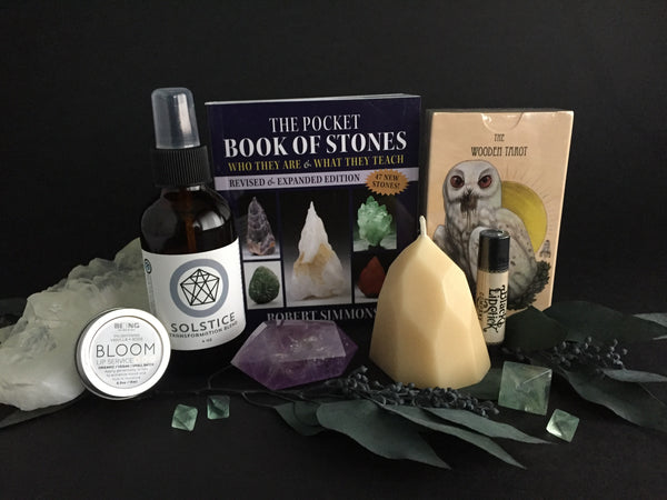 Shop Portland Local Dark Boho Altar PDX: Beeswax Candle, Amethyst Crystals, Fluorite Crystals, Body Spray, Stones, Tarot Cards and Celestite