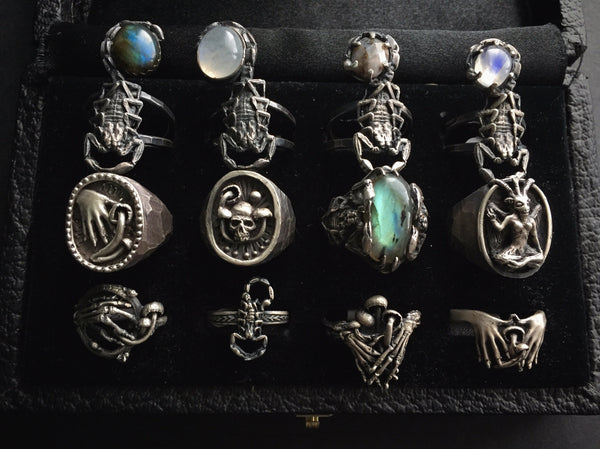 Altar PDX Theeth Jewelry Rings Baphomet Scorpions Mushrooms Skulls Skeleton Silver Moonstone Labradorite Esoteric Jewelry