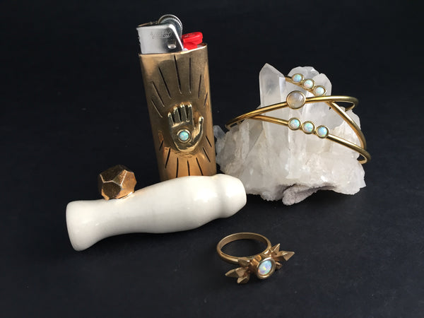 Palmistry Opal Brass Lighter Case Porcelain Chillum Clear Quartz Bracelet Cuff Ring 