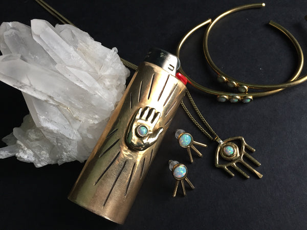 Therese Kuempel Brass Jewelry Shop Portland Local Altar PDX Opal Jewelry Crystal Brass Lighter Case Evil Eye Palmistry Earrings Opal Brass Quartz 