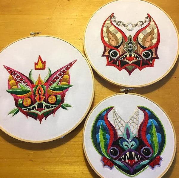 Sea of Doom embroidery, bats, pop art