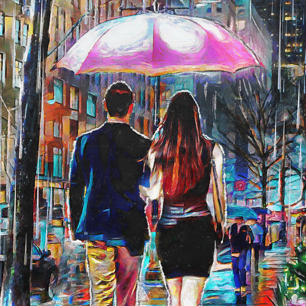 Umbrella Couple Art Rainy Day Painting Romantic Walk In The Rain