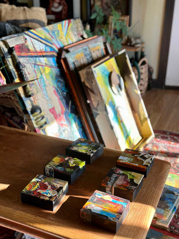 Jamie Kelty Fine Art Collage and Mixed Media Paintings in Studio