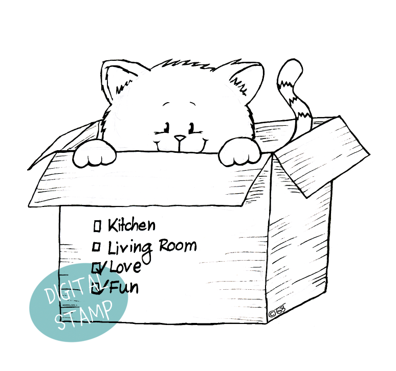 Kitten in Moving Box - Digital Stamp - Clearstamps - Clear Stamps - Cardmaking- Ideas- papercrafting- handmade - cards-  Papercrafts - Gerda Steiner Designs