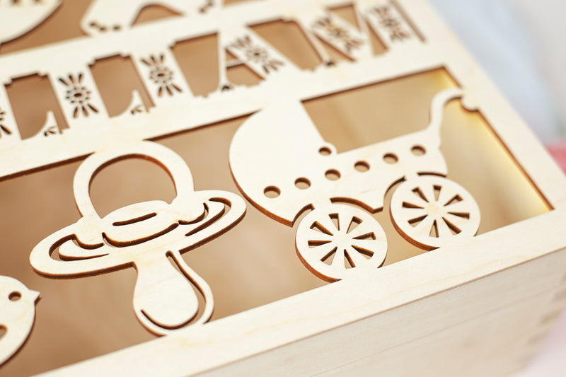 Personalized Baby Wooden Keepsake Reminder Box Laser Cut Memory Box Paper Love Cards