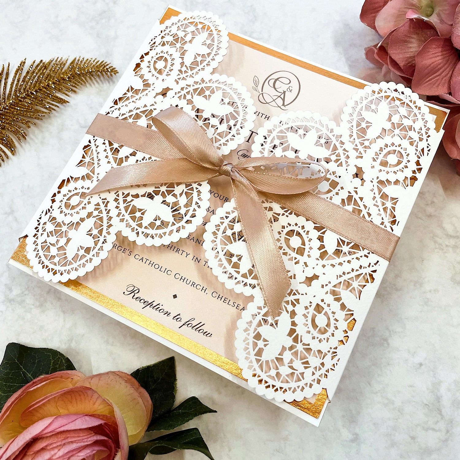 Laser Cut White Lace Effect Wedding Invitation Matching Dusty Peach R Paper Love Cards