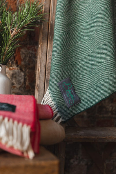 A green wool blanket draped from a wooden ladder and the corner of a red blanket folded in the foreground