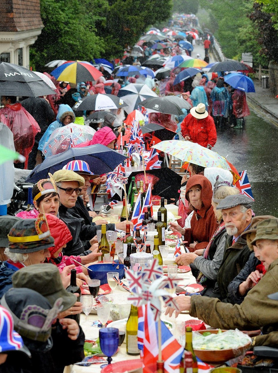 british street party in the pouring rain