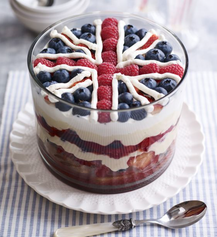 food ideas for queens jubilee party trifle decorated with raspberries and blueberries in union jack flag design
