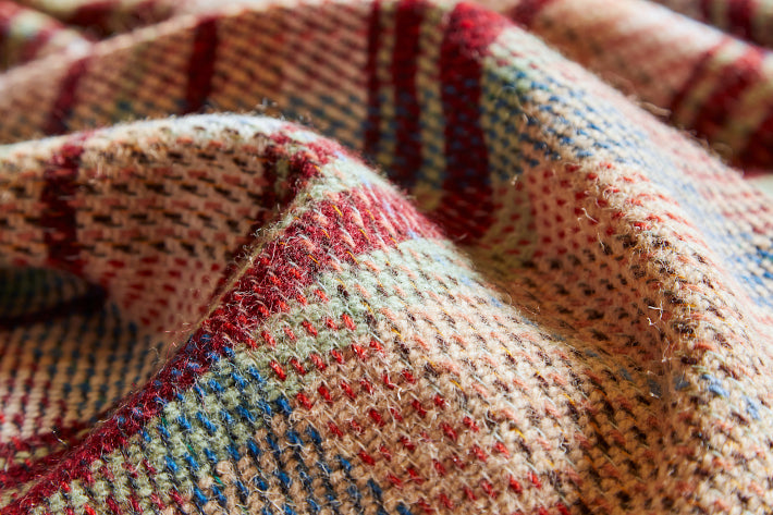 close up of texture of a checked recycled wool throw blanket from The British Blanket Company