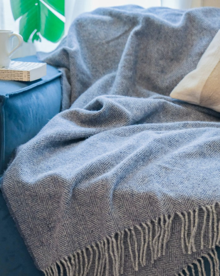 blue cashmere and merino throw blanket Turtle Doves at The British Blanket Company