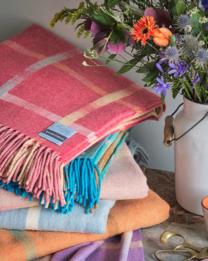 hollyhock pink garden flowers check merino wool throw blanket from The British Blanket Company
