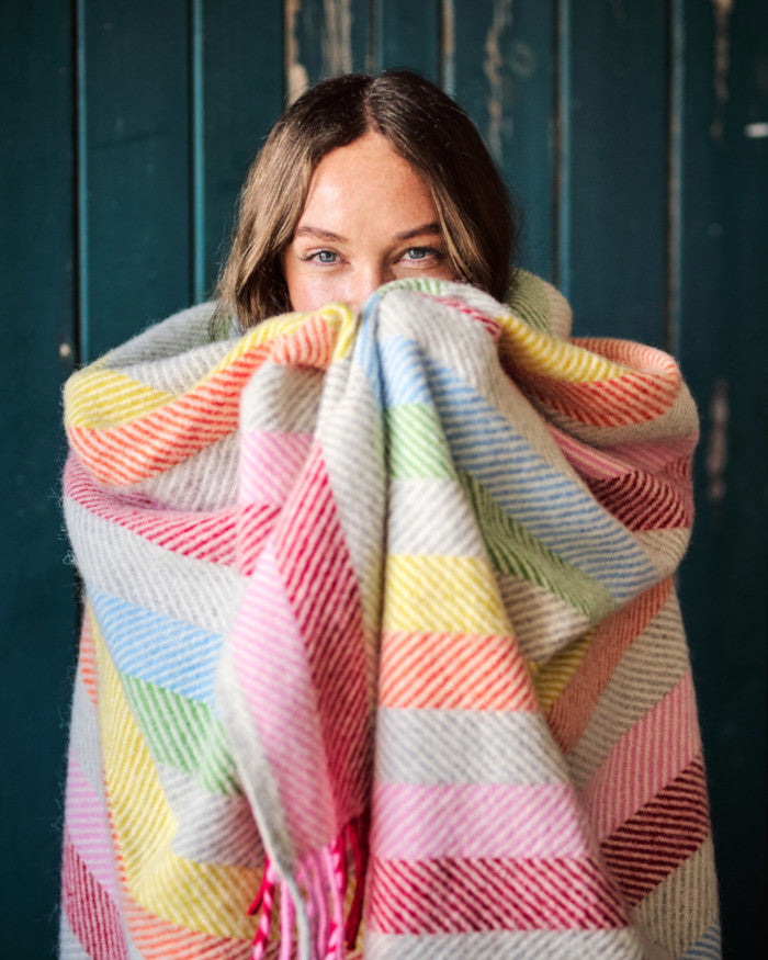 rainbow stripe natural 100% pure wool throw blanket by The British Blanket Co online shop