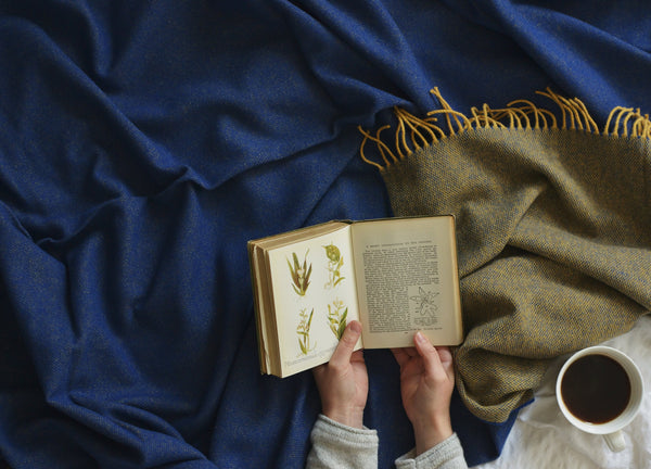 Royal Blue and Mustard Merino Lambswool throw The British Blanket Company