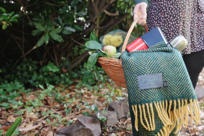 autumn picnic basket with green wool blanket from The British Blanket Company