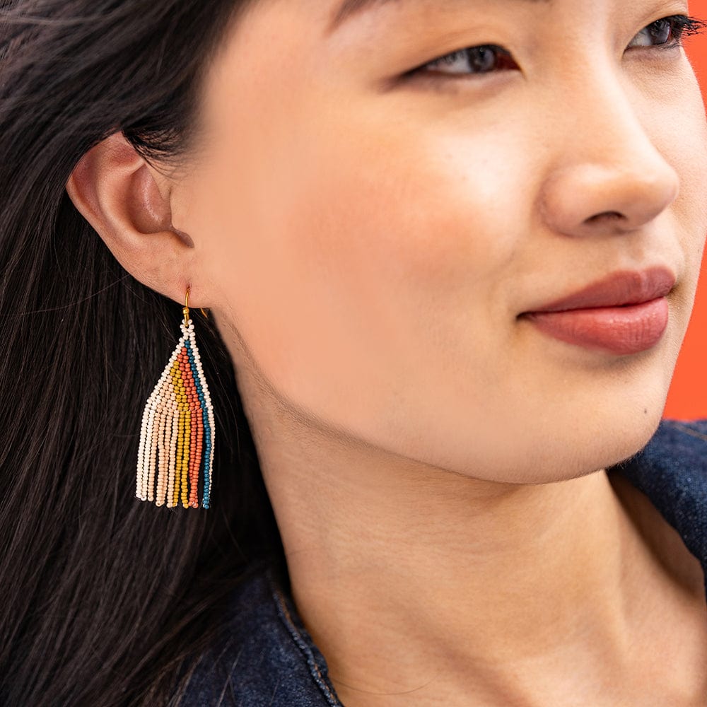 Audrey Vertical Stripe Petite Beaded Fringe Earrings Desert