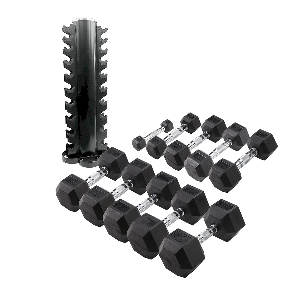 Bodytrading Rubber Coated Hex Dumbbells Set With Rack Hexsetrek Body Solid Europe