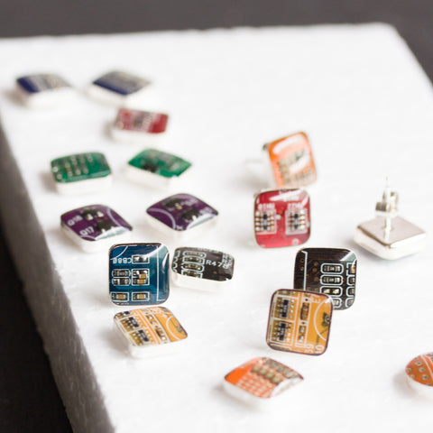 Sterling silver Circuit Board Square Stud Earrings