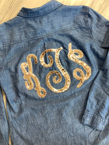 Mermaid Sequin Monogrammed Chambray Button Up Shirt – Sew Fancy Designs