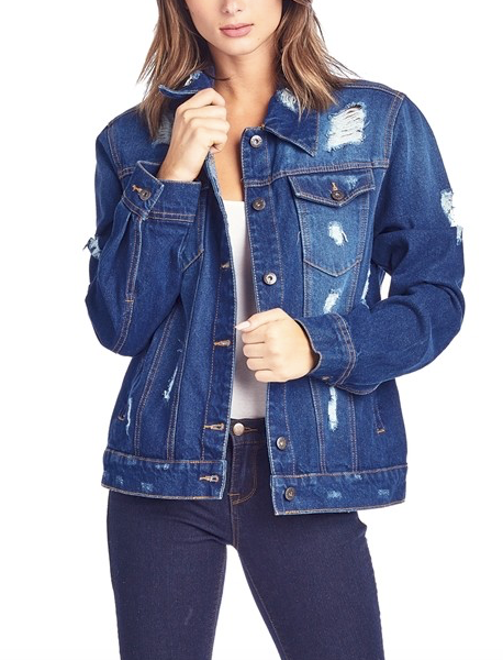 dark blue distressed denim jacket